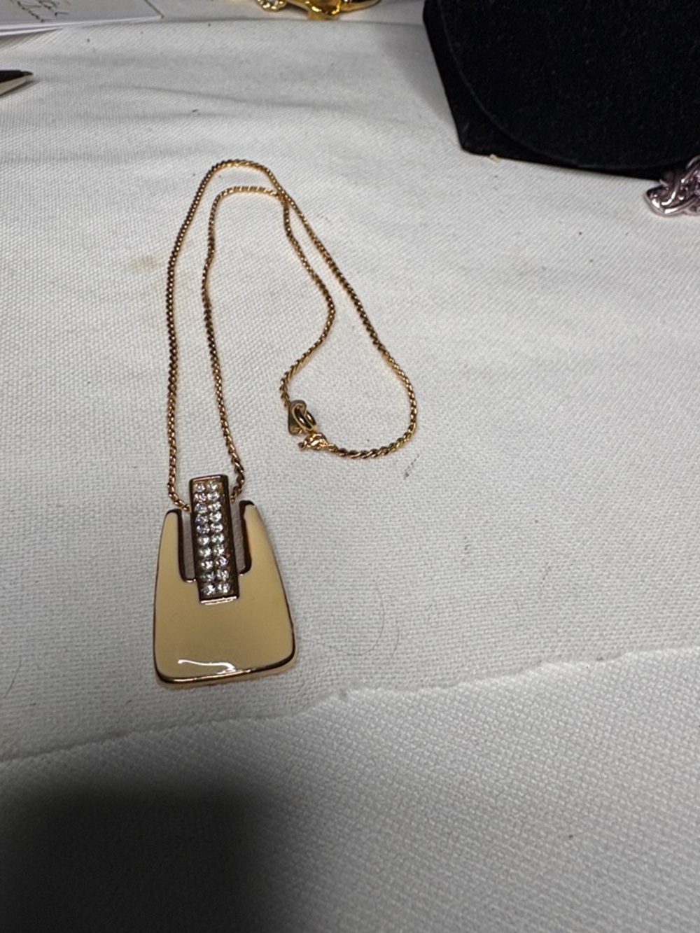 Gold-Tone Cream Enamel Pendant Necklace with Crystal Accent BJC designer.